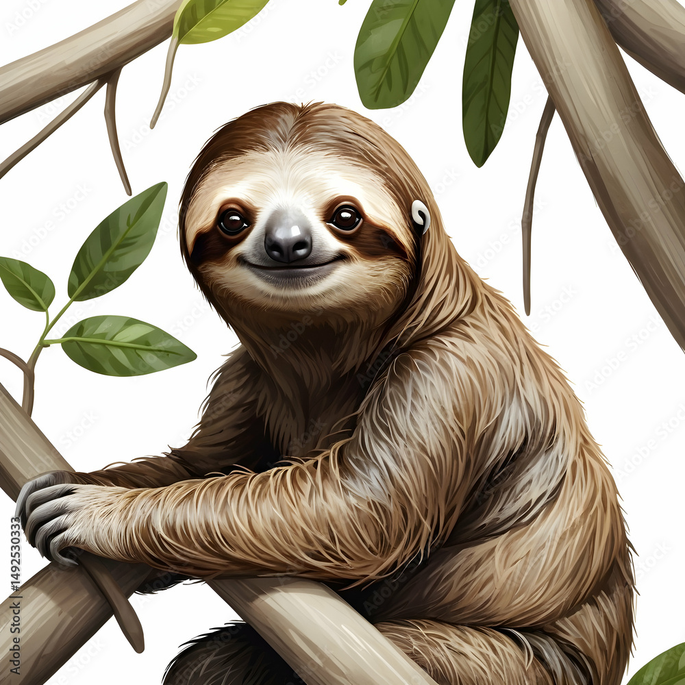 Fototapeta premium A relaxed sloth captured in closeup while resting peacefully on a white background