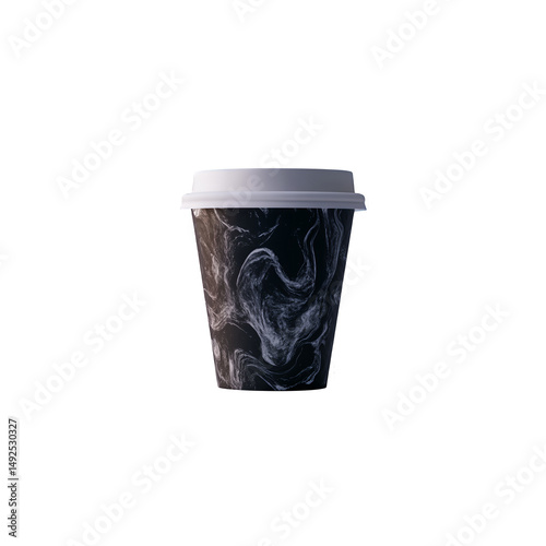 A coffee cup with a marble design on a black ground on transparent background