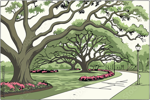 168 a large, lush and sprawling green tree canopy, intricate and ornate trunk formations, colorful and vibrant flower beds in the foreground, paved walkways, tranquil outdoor space, idyllic park setti