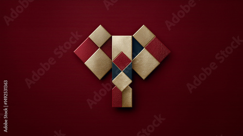 Geometric Elephant Composition: An elegantly constructed elephant form is presented on a deep red background, a testament to the fusion of geometry and artistry.