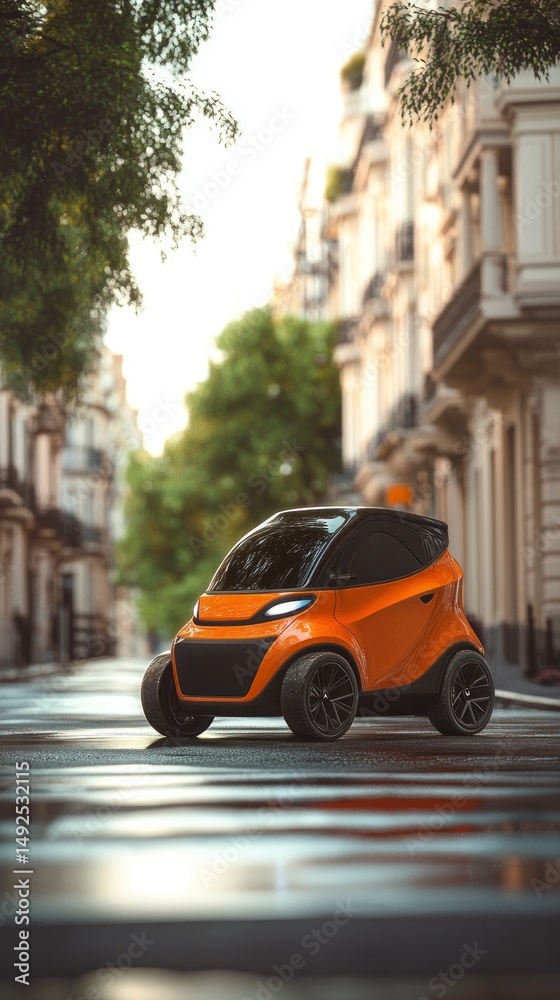 Orange electric car on city street sunny day