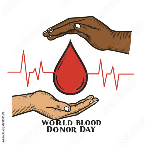 World blood donor day illustration featuring hands a blood drop and a heartbeat line graphic design