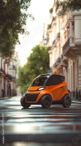 Obraz na płótnie Orange electric car on city street sunny day w salonie