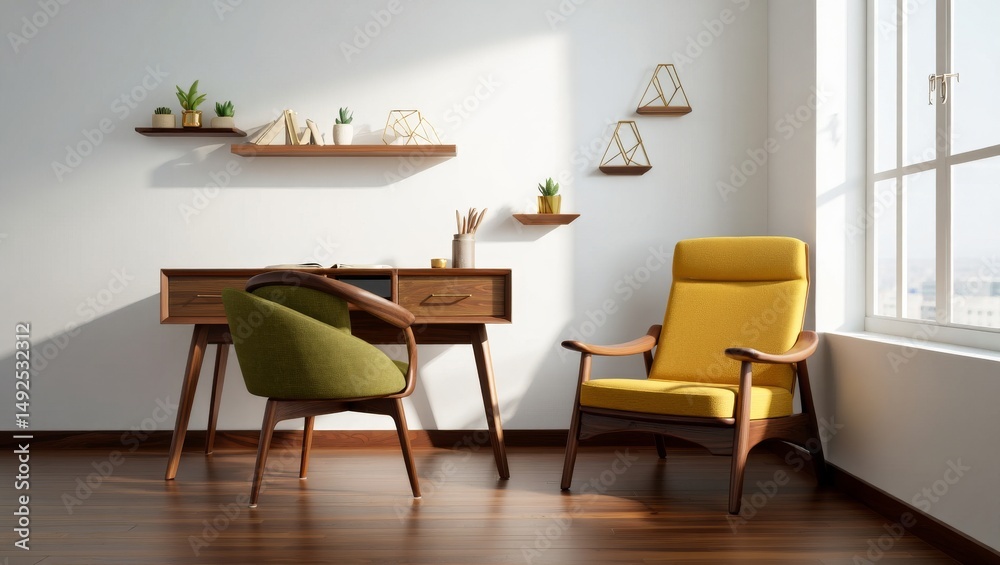 Fototapeta premium Mid-Century Modern Home Office with Vintage Wooden Furniture and Natural Light