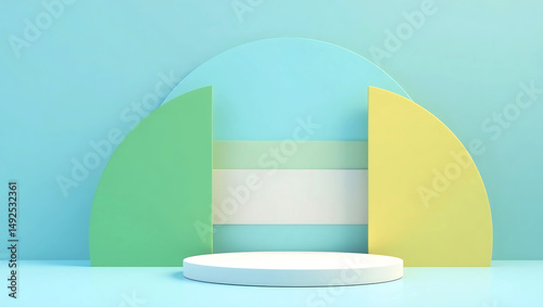 Product podium stage for mockup presentation, 3D rendering 3D product display platform is Empty podium or pedestal display on green background with cylinder stand concept.