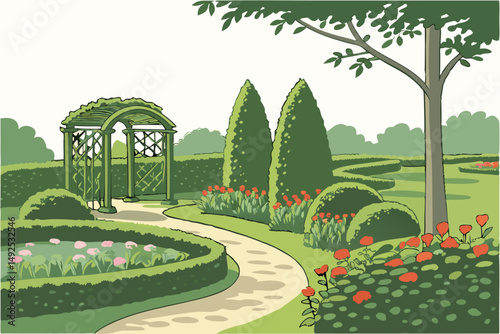 169 ornamental garden, lush greenery, topiary shapes, winding path, decorative rocks, vibrant flowers, peaceful landscape, tranquil atmosphere, natural setting, well-maintained grounds, serene outdoor