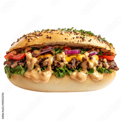 Close up of a loaded sandwich with meat and toppings on transparent background