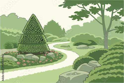 169 ornamental garden, lush greenery, topiary shapes, winding path, decorative rocks, vibrant flowers, peaceful landscape, tranquil atmosphere, natural setting, well-maintained grounds, serene outdoor