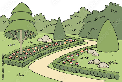 168 a large, lush and sprawling green tree canopy, intricate and ornate trunk formations, colorful and vibrant flower beds in the foreground, paved walkways, tranquil outdoor space, idyllic park setti