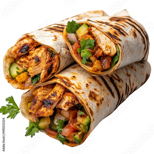 Three wraps filled with chicken and fresh vegetables on transparent background