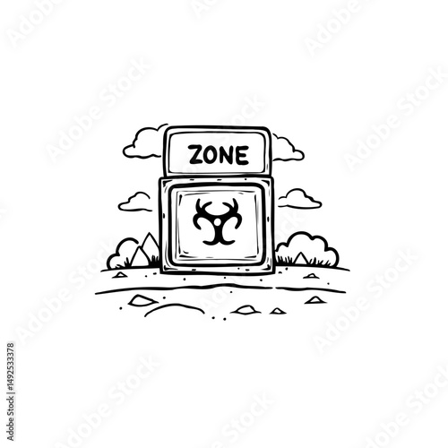 Stylized biological hazard zone sign in a minimalist landscape drawing