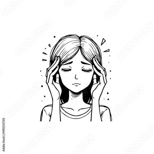 Monochrome illustration depicts a woman experiencing discomfort or tension head pain