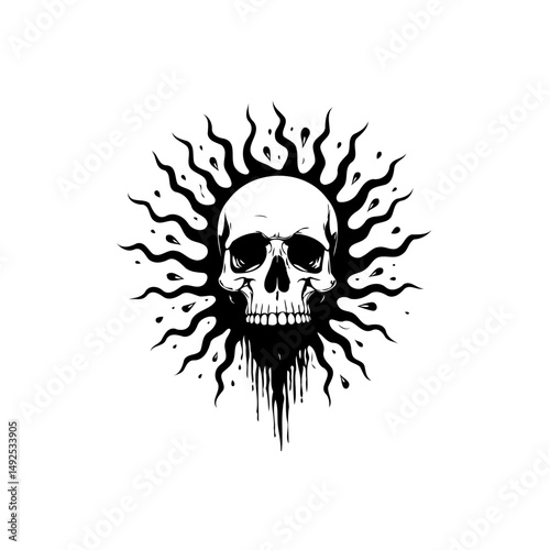 Monochromatic skull with radiating flares symbolising mortality and ephemerality