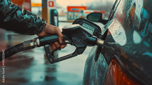 Person is filling up their car with gas at a gas station. The gas pump is black and silver