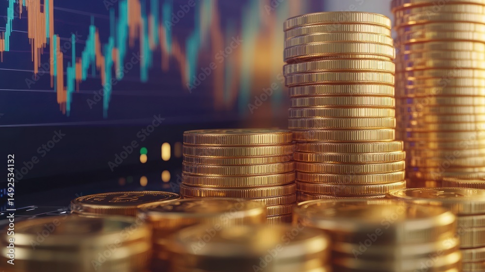 Stacks of gold coins on a dark surface investment theme