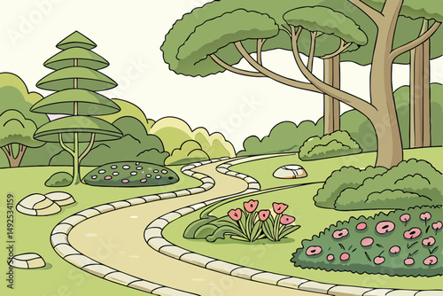 169 ornamental garden, lush greenery, topiary shapes, winding path, decorative rocks, vibrant flowers, peaceful landscape, tranquil atmosphere, natural setting, well-maintained grounds, serene outdoor