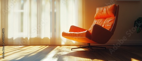 Obraz na płótnie Orange leather armchair in a sunny room w salonie