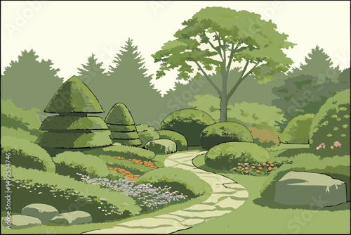 169 ornamental garden, lush greenery, topiary shapes, winding path, decorative rocks, vibrant flowers, peaceful landscape, tranquil atmosphere, natural setting, well-maintained grounds, serene outdoor