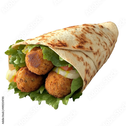 Falafel wrap with lettuce and sauce close up shot on transparent background