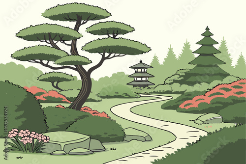 169 ornamental garden, lush greenery, topiary shapes, winding path, decorative rocks, vibrant flowers, peaceful landscape, tranquil atmosphere, natural setting, well-maintained grounds, serene outdoor