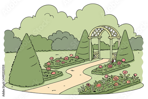 169 ornamental garden, lush greenery, topiary shapes, winding path, decorative rocks, vibrant flowers, peaceful landscape, tranquil atmosphere, natural setting, well-maintained grounds, serene outdoor