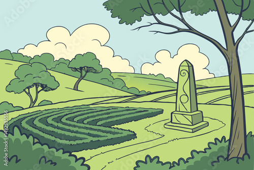 170 lush green landscape, manicured shrubs and trees, large stone sculpture in grassy meadow, cloudy blue sky, serene and tranquil environment