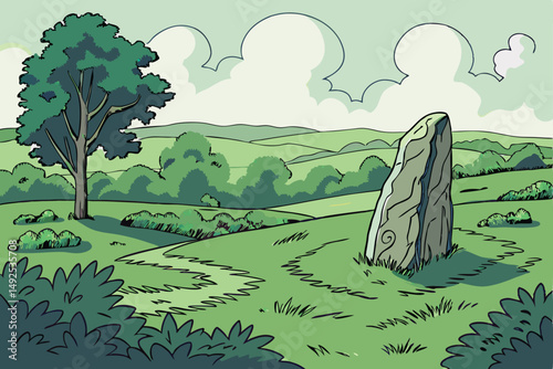 170 lush green landscape, manicured shrubs and trees, large stone sculpture in grassy meadow, cloudy blue sky, serene and tranquil environment