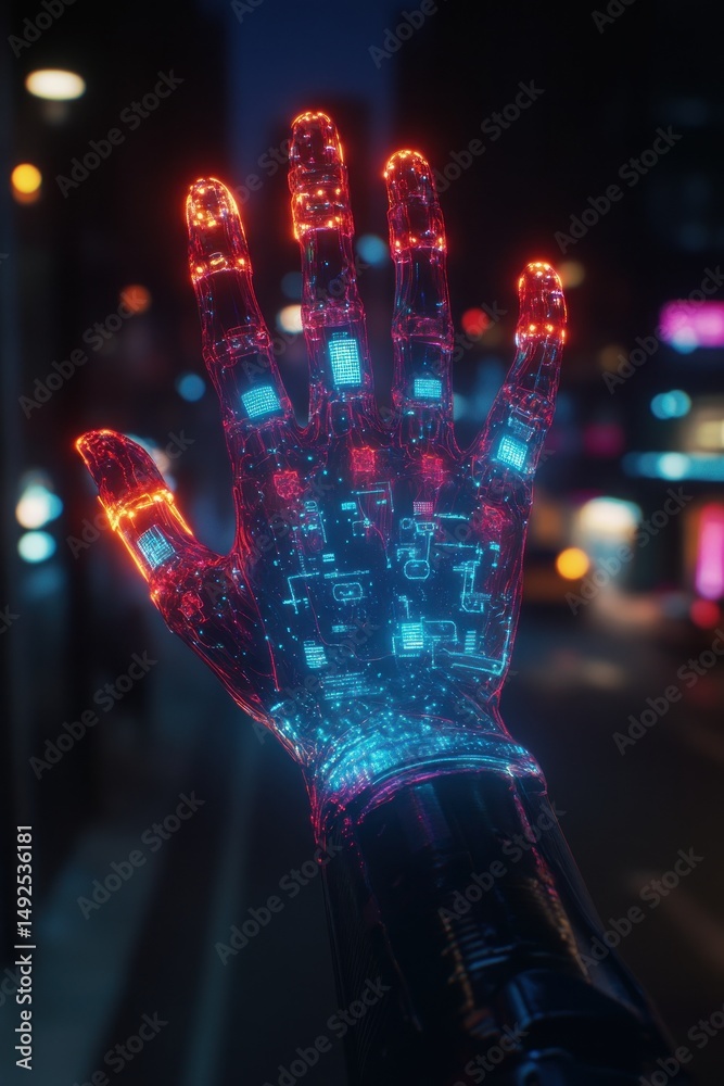 Glowing futuristic robot hand in a city at night