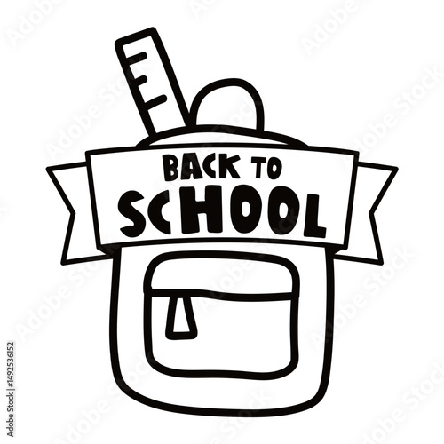 Backpack with ribbon. Back to school. Outline vector illustration.