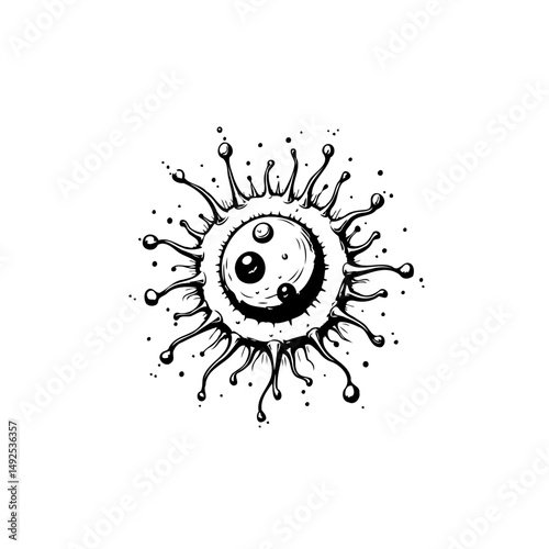 Monochrome depiction of a stylized viral particle with spiky projections