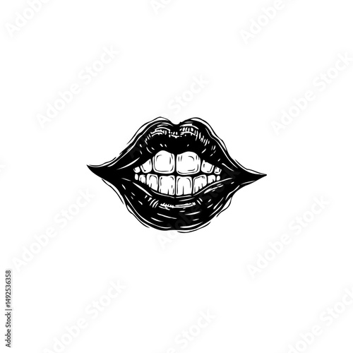 Detailed Monochrome Drawing of Lips with Visible Teeth on a White Background