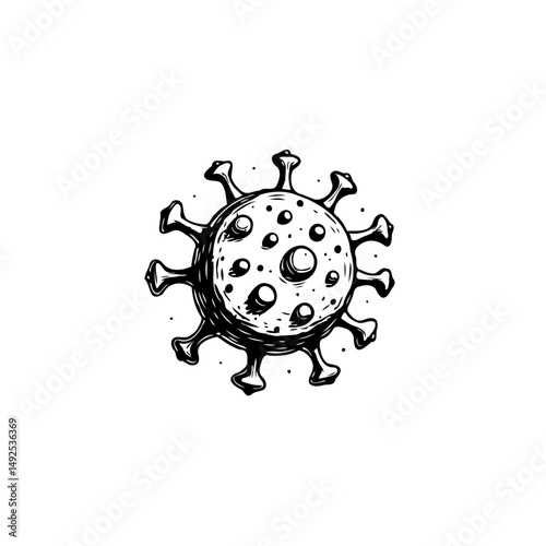 Monochrome rendition showcasing a stylized depiction of a virus particle