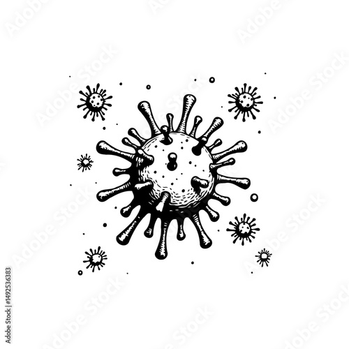 Monochrome representation of infectious virus particle with spiky projections