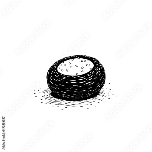 Minimalist drawing of a woven basket brimming with dotted contents on white
