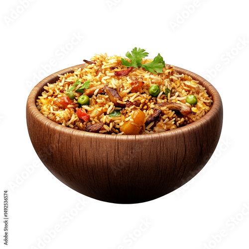 Close up of fried rice in a wooden bowl on black background on transparent background