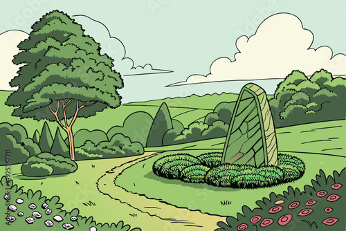 170 lush green landscape, manicured shrubs and trees, large stone sculpture in grassy meadow, cloudy blue sky, serene and tranquil environment