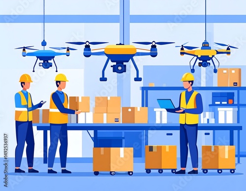 AI-monitored factory line with drones assisting packaging and human overseer managing