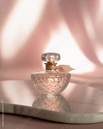 Crystal cut perfume bottle with pink ribbon and elegant design , crystal perfume bottle for feminine fragrance, vintage crystal perfume bottle on pink background

