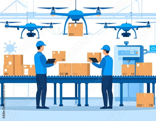 AI-monitored factory line with drones assisting packaging and human overseer managing
