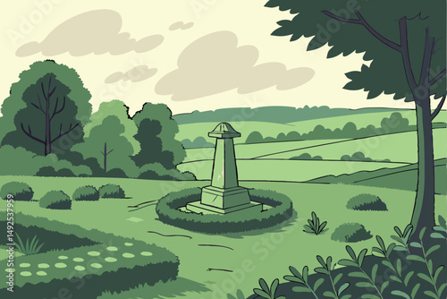 170 lush green landscape, manicured shrubs and trees, large stone sculpture in grassy meadow, cloudy blue sky, serene and tranquil environment