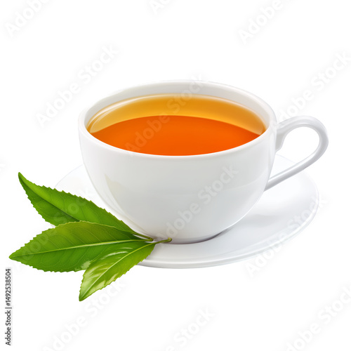 A cup of tea with green leaves on a white saucer on transparent background