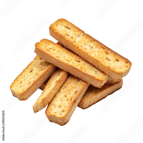 A pile of golden brown bruschetta bread sticks on transparent background