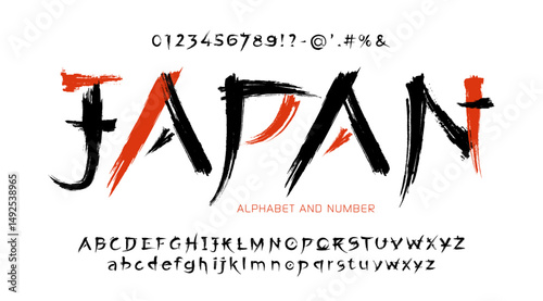 Handwritten Latin Alphabet in Traditional Japanese Ink Style - Brush Font with Calligraphic Letters, Numbers and Symbols.
