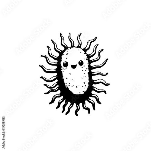 A whimsical, stylized monochrome depiction of a microorganism with a cheerful face