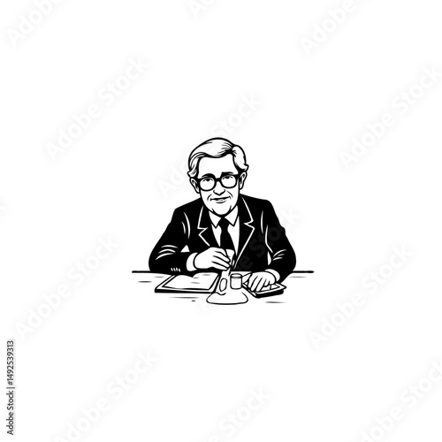 Distinguished professional sits at desk, managing papers, a classic monochrome illustration