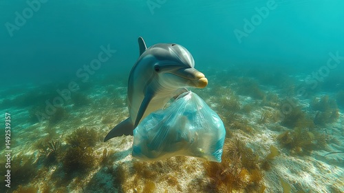 Dolphin entangled in plastic debris underwater
