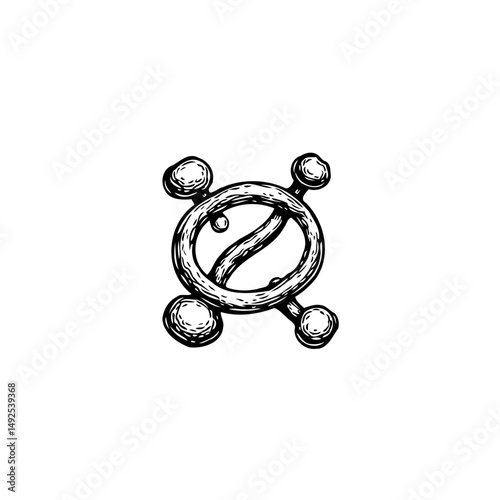 Abstract orbital design with spheres and interlocking curves on a plain background