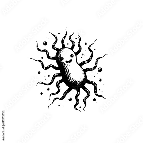 Whimsical microscopic organism illustration with tentacles and friendly expression