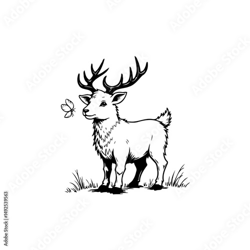 Enchanting encounter: A whimsical fawn with butterfly in monochrome illustration