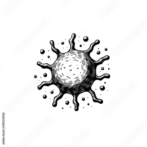 Engraved depiction of a virus particle with detailed surface textures
